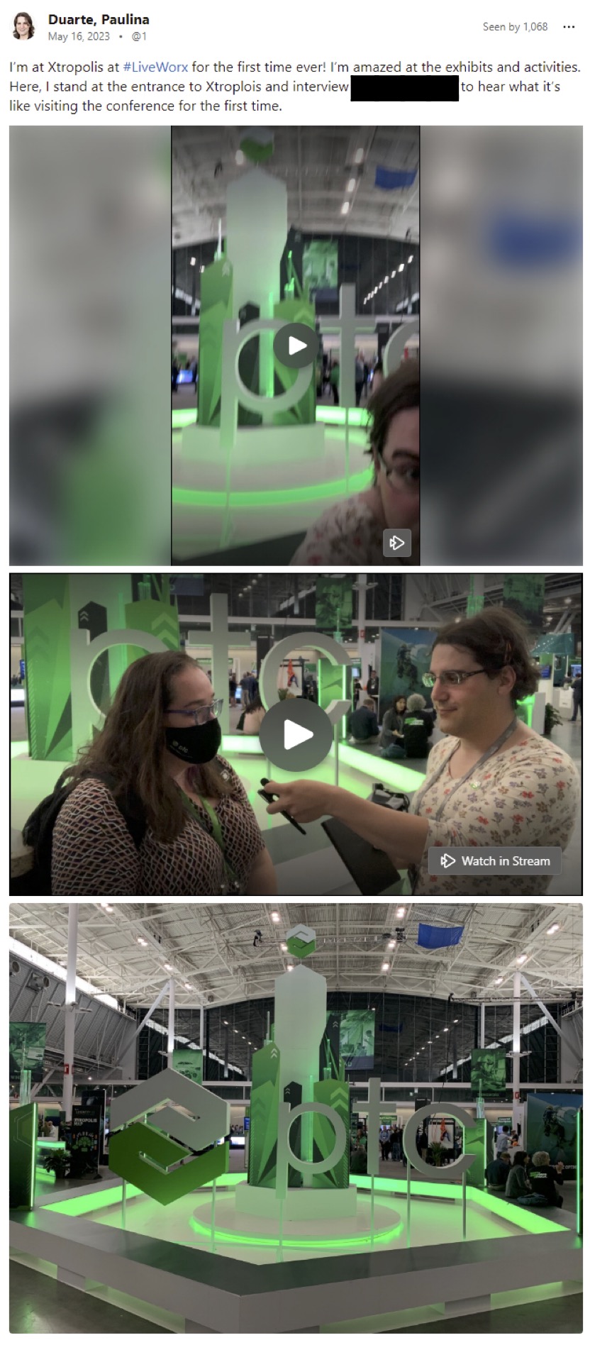 An image of a post that highlights video snippets of Paulina Duarte attending the LiveWorx conference for the first time, interviewing another first-time colleague.