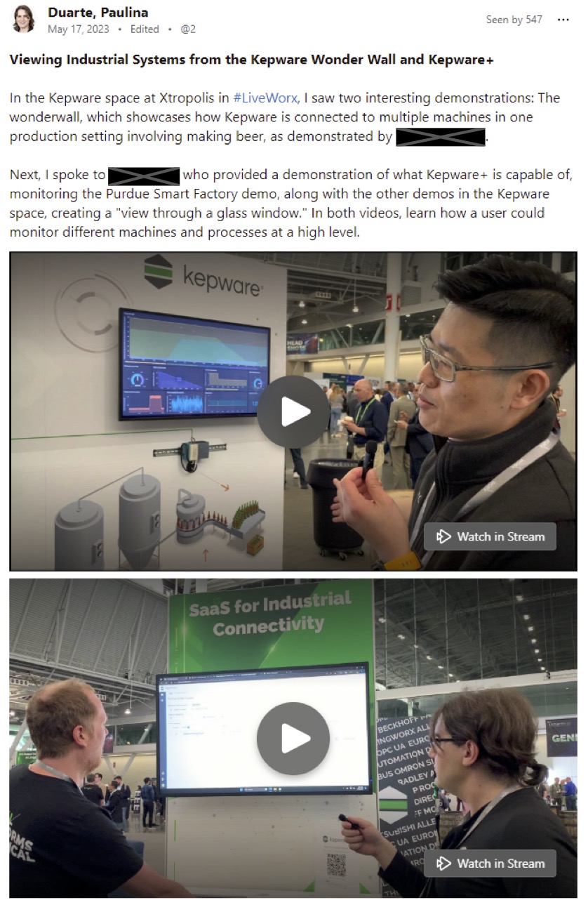 A post that highlights the Kepware products and describes new features. The post itself includes demonstrations and interviews captured on video.