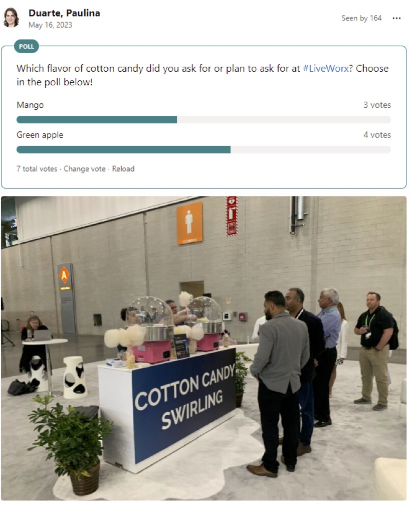 An image of a poll taken on an internal social media platform that asks what cotton candy flavor attendees chose, to stoke interaction on the platform and engagement during the event.