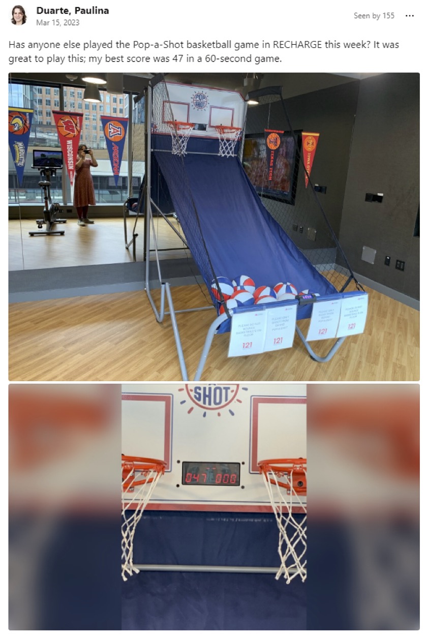 A internal social media post featuring images of an arcade basketball game set up in an office for March Madness.