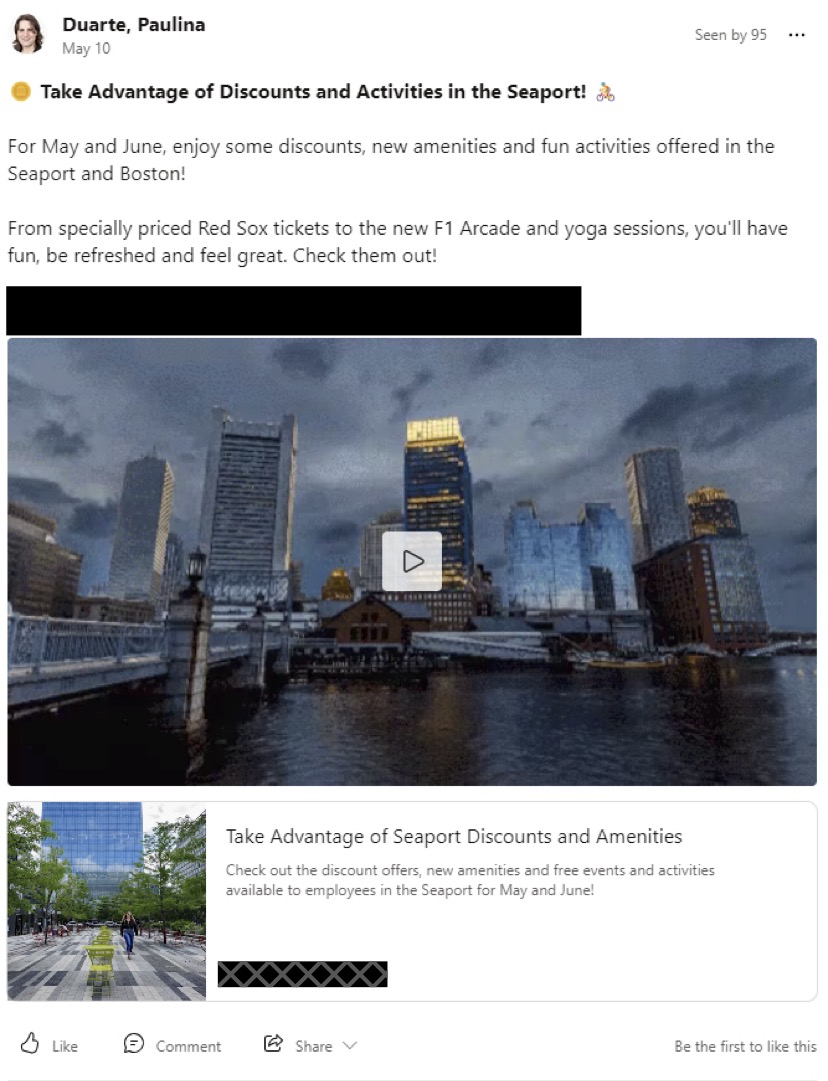 An image of an internal social media post that showcases a link to an intranet page to check out available discounts and amenities for local businesses in May and June 2024.