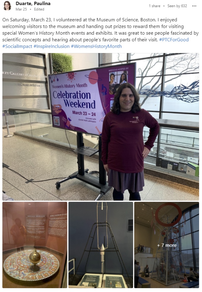An image of an internal social media post that features Paulina Duarte at the Museum of Science, Boston to highlight volunteer efforts from a company for the museum's Women's History Month celebration in March 2024.